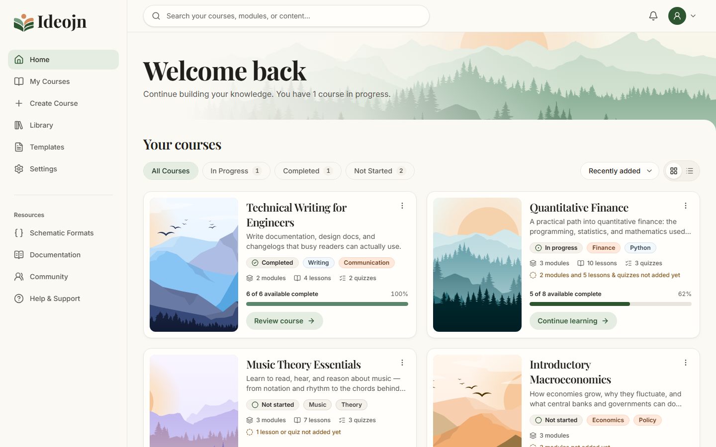 Ideojn's Home: a welcome over a mountain landscape, then courses as cards, each with its own landscape, progress, and next step.